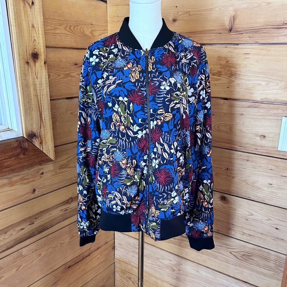 Reversible Bomber Jacket Unisex Large Black Blue Floral Botanical Print H&M